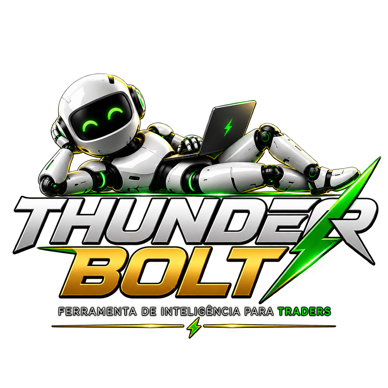 Logo Thunderbolt sem fundo: robô branco com detalhes verdes, notebook e a marca em prata e dourado